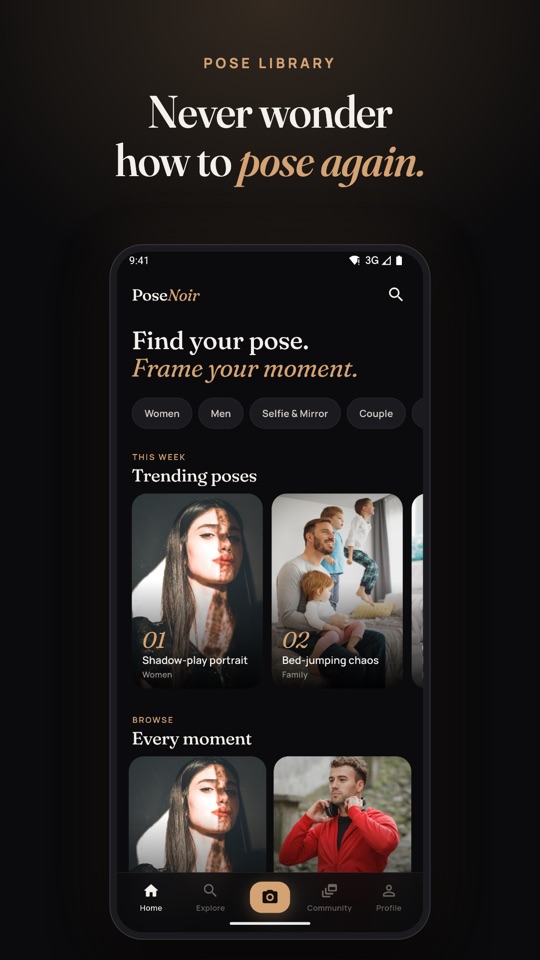 PoseNoir home screen with pose categories